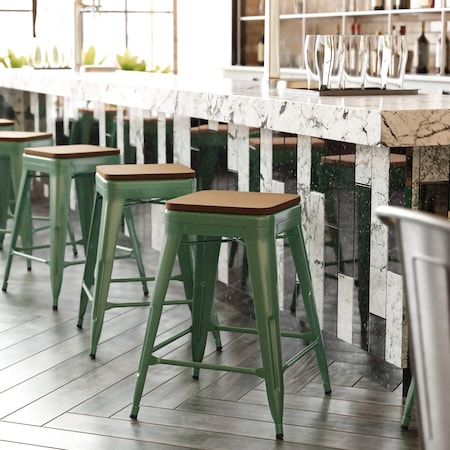 24 Green Metal Stool-Teak Poly Seat